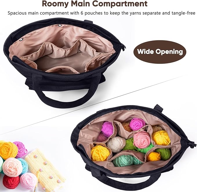 MYBAGZING Large Yarn Tote Organizer – Corduroy Knitting Storage Holder for Yarn, Hooks & Accessories, Portable Craft Carryall for Crocheting Lovers, Mother’s Day Gift