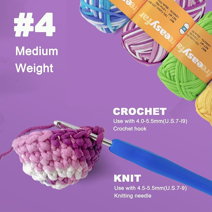 4x50g Beginner Crochet Yarn for Crocheting and Knitting; Beginner Easy Yarn kit with Tool Set (Azure Waves+Lavender Dreams+Green+Yellow, 4 Skein)