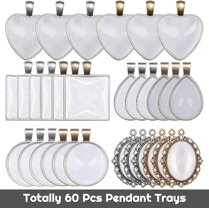 Anezus 60Pcs Pendant Trays, Bezel Pendant Trays Blanks with Glass Cabochons for Pendants Making and Jewelry Making, 5 Styles
