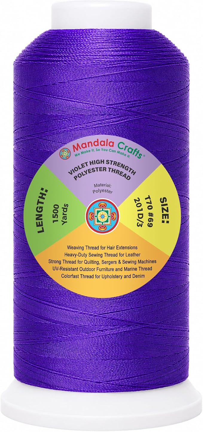 Mandala Crafts Violet Tex 70 Polyester Heavy Duty Thread for Upholstery | 1500 Yds T70 UV Resistant Strong Thread for Leather Sewing, Marine, Drapery, Jeans, Hair Weaving & Extension, Outdoor