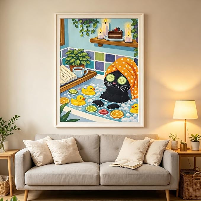 Animal Diamond Painting Kits for Adults,Funny Cat Spa Diamond Art Kits | DIY Full Round Drill Gem Painting Cute Black Cat Paint by Diamonds Relaxing Craft for Cartoon Home Wall Decor 12x16In