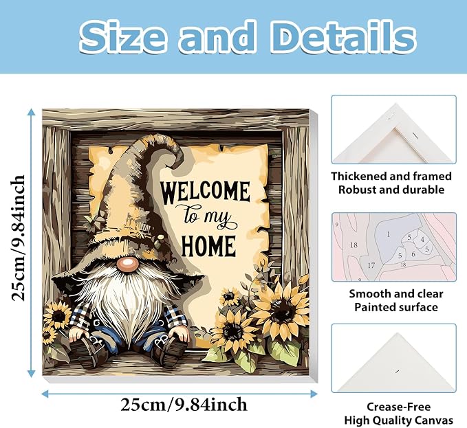 Gnome Paint by Numbers Kit for Adults Beginner, Paint by Numbers 10x10 Inch | Framed Paint by Numbers Kit for Adults Beginner with Easel, Acrylic Painting by Numbers, DIY Crafts for Gifts or Home Decor