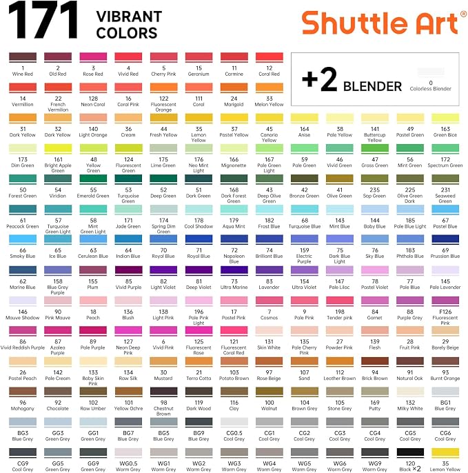 Shuttle Art 172 Colors Dual Tip Alcohol Based Art Markers,171 Colors plus 1 Blender Permanent Marker 1 Marker Pad with Case Perfect for Kids Adult Coloring Books Sketching and Card Making