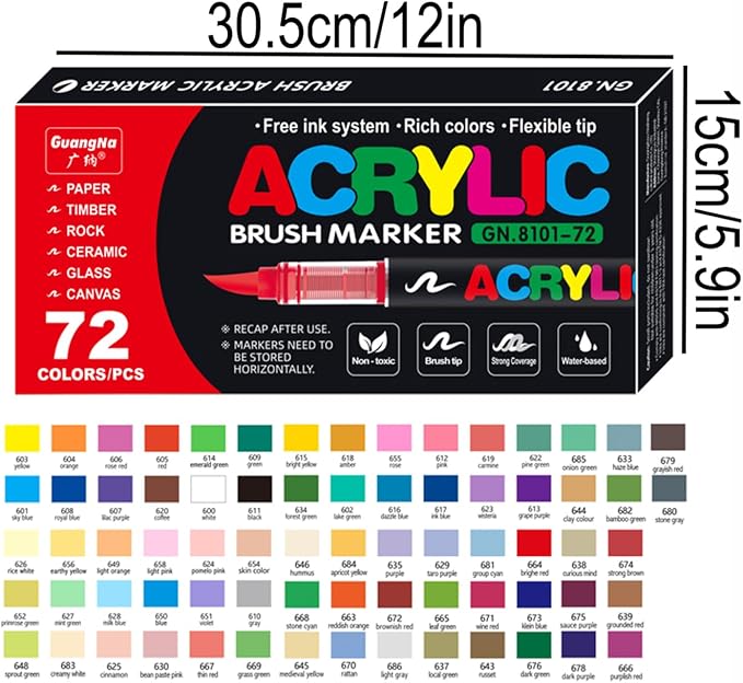 Acrylic Paint Markers, 72 Colors Acrylic Markers Set, Brush Tip