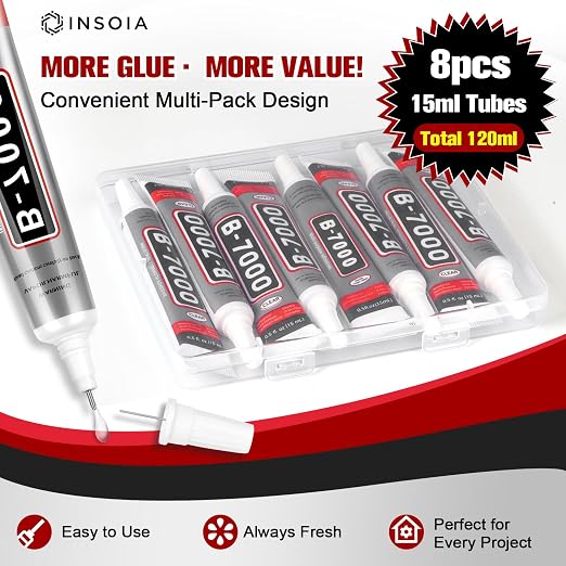 INSOIA Bedazzling Glue B7000 Clear, 8 x 15ml Precision Tip
