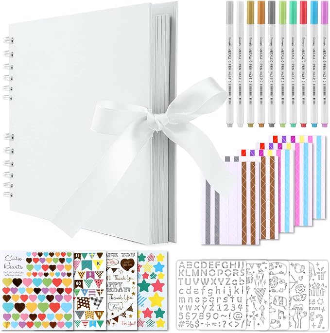 Gotideal 80 Pages Scrapbook Album with 10 Metallic Markers, White | Craft Paper Photo Album for Wedding and Anniversary, Family DIY Scrapbook Accessories with Scrapbooking Stickers Corners