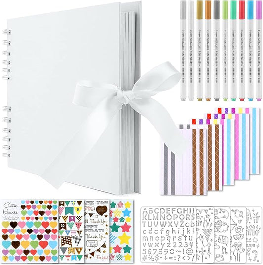 Gotideal 80 Pages Scrapbook Album with 10 Metallic Markers, White | Craft Paper Photo Album for Wedding and Anniversary, Family DIY Scrapbook Accessories with Scrapbooking Stickers Corners