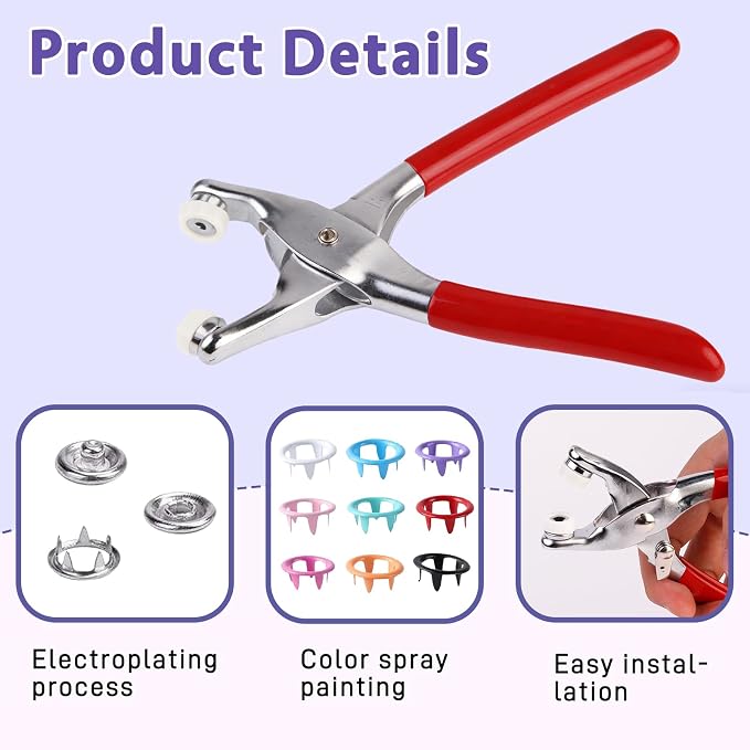100-piece Metal Snap Button Set, Including Pliers and Pressing Tools, Suitable for DIY Crafts, Garment Sewing, Baby Clothing Sewing Snap Button Set (Colorful Cutout)