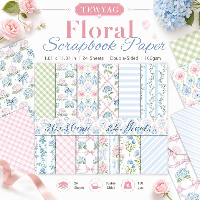 Blue Scrapbook Paper Double Sided 12x12 Watercolor Hydrangea 24 Sheets