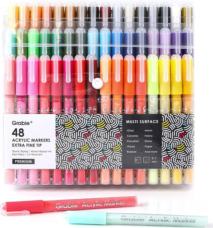 Grabie Pack of 48 Color Acrylic Paint Markers, 0.7mm Extra Fine Tip Pens