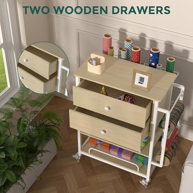 Wrapping Paper Storage & Organizer, Craft Cart with Ribbon & Gift Bag Storage, Wrapping Paper Organizer Holder(2 Wooden Drawers-Oak)