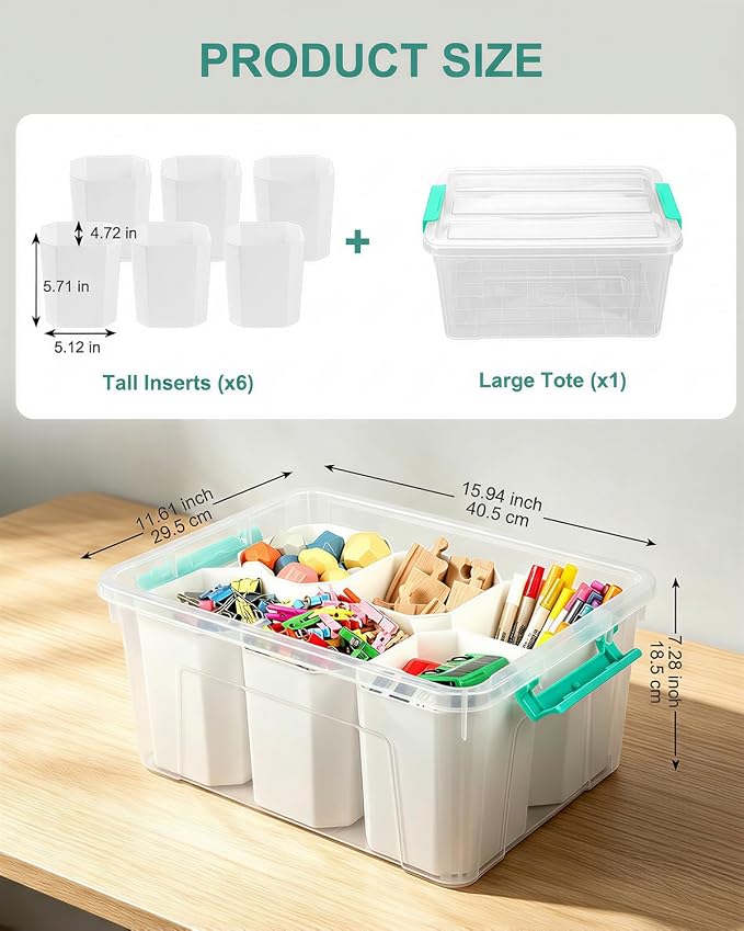 EOENVIVS Clear Storage Boxes with 6 Tall Inserts, Large Plastic Organizer Box with Lid and Handles, 15.94x11.61x7.28 Inches, Multi-Functional Container for Cosmetics, Toys, School Supplies