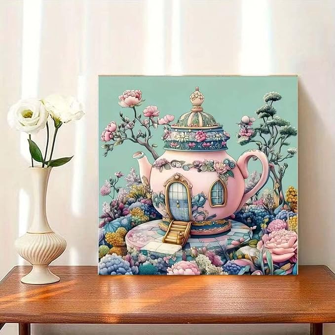 Teapot Castle Diamond Art Kits for Adults,5D Diamond Painting Kits for Beginner,DIY Full Round Drill Flower Diamond Dot Gem Painting With Dot Art Craft Kits for Home Wall Decor 13.79 x 13.79inch