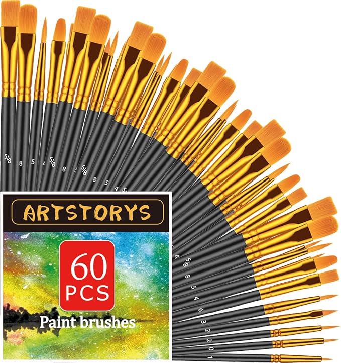 Artstorys Paint Brushes Set, 60 Pcs Acrylic Oil Watercolor Painting Brushes | Bulk Artist Paintbrush (Nylon Hair Wood Handles) for Adult Drawing, Great for Face, Rock & Canvas, Arts Craft Supplies, Black
