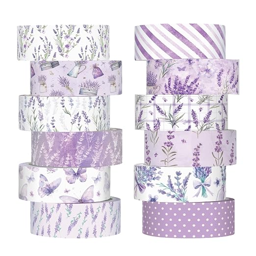 12 Rolls Floral Washi Tape Set,Purple,Lavender | Watercolor Flowers Design for Scrapbook Journal DIY Craft School Supplies, 15 mm Vintage Decorative Masking Washi Tapes