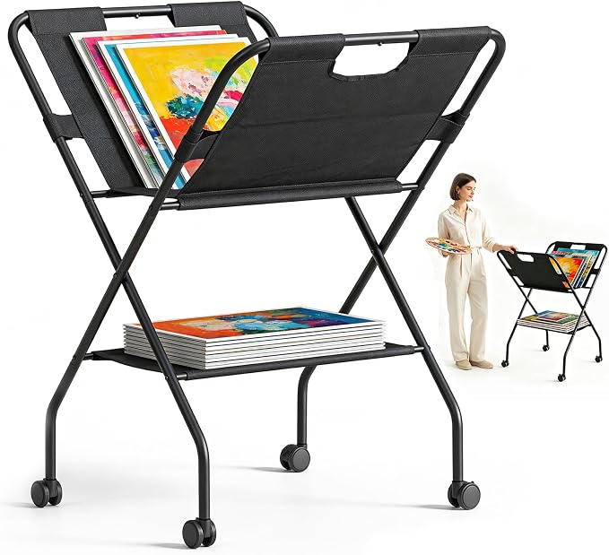 Canvas Art Print Rack，Folding Art Storage Rack with Lockable Caster Wheels