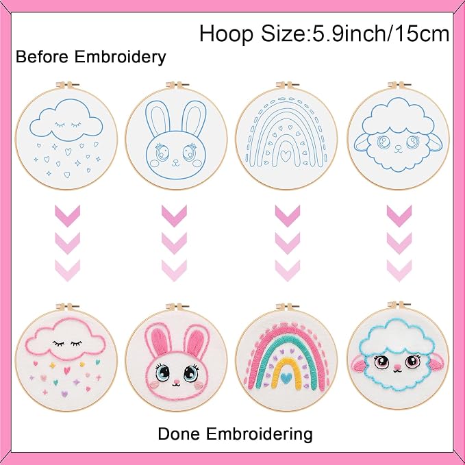 Louise Maelys Embroidery Kit for Beginners, 12 Packs Pre-Printed DIY Sewing Craft Kit,Kids Girls Cross Stitch Kit with Hoop, Threads, Needles and Scissors, Cute Animal & Cartoon Patterns, Ages 8+