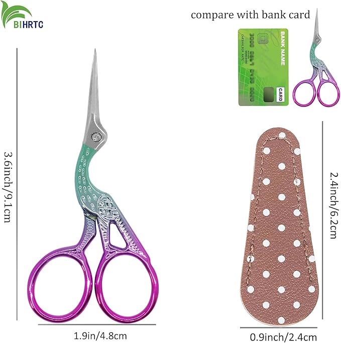 BIHRTC 3.6" Precision Crane Scissors,Stainless Steel with Leather Cover | 3.6 Inch Small Scissors for Embroidery,Scrapbooking,Detailed Craft Work,Sewing,Needlework