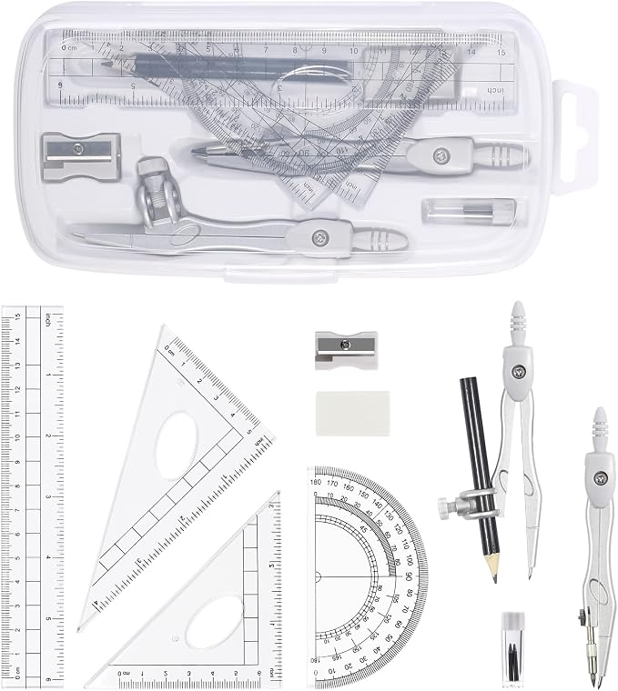 Unjoo Math Geometry Set 10 Pcs, Compass and Protractor for Students(Grey | Shatterproof Storage Box,Rulers,Protractor,Compass,Eraser,Pencil Sharpener,Lead Refills,Pencil,for Classroom, Back to School