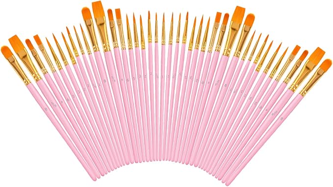 Soucolor Paint Brush Set –40Pcs Acrylic Watercolor Brush Multi-Size for Art | Round Pointed Tip for Acrylic Oil Watercolor Painting, Canvas Rock Body Face Nail Art Crafts, Pink