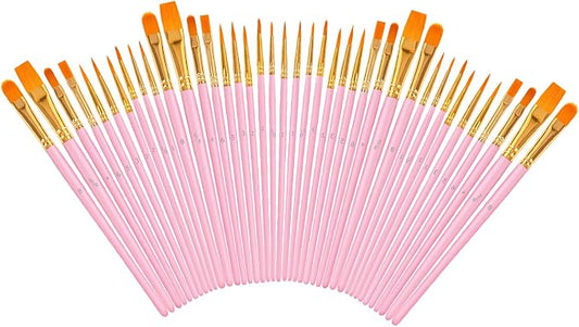 Soucolor Paint Brush Set –40Pcs Acrylic Watercolor Brush Multi-Size for Art | Round Pointed Tip for Acrylic Oil Watercolor Painting, Canvas Rock Body Face Nail Art Crafts, Pink