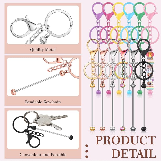 Tondiamo 12 Pcs Beadable Keychains Bars Bulk Blank Beaded Metal Keychain for Craft DIY Gift
