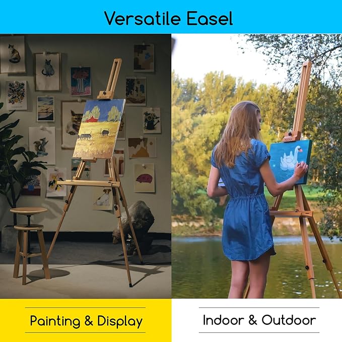 MEEDEN Portable Tripod Easel for Painting: Solid Beech Wood Art Easel | Foldable Drawing Easel Stand with Carrying Bag for Adults Indoor Outdoor Use, Holds Canvas up to 44"