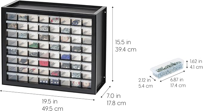 IRIS USA 64-Drawer Screw Organizer, Hardware Storage, Made in USA, Black | Wall mountable, Stackable, Building Bricks, Garage Tool Storage, Art & Craft Supplies, Beads, Gem Stones