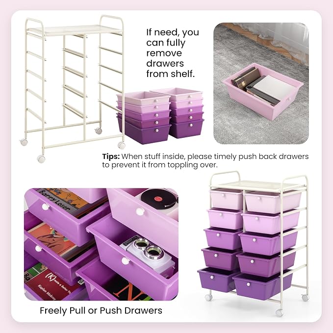 Giantex 10 Drawers Rolling Cart, Classroom Organizers, Storage Cart with Wheels, for Teacher Office Home School Supplies Tool Craft Art Paper, Purple Gradient