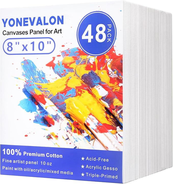 Canvases for Painting 48 Pack, 8x10 inch Blank Paint Canvas Boards Bulk | Primed Acid-Free 100% Cotton, Small Canvas Panels for Acrylic Oil Tempera Watercolor Paints, Art Supplies for All Skill Level
