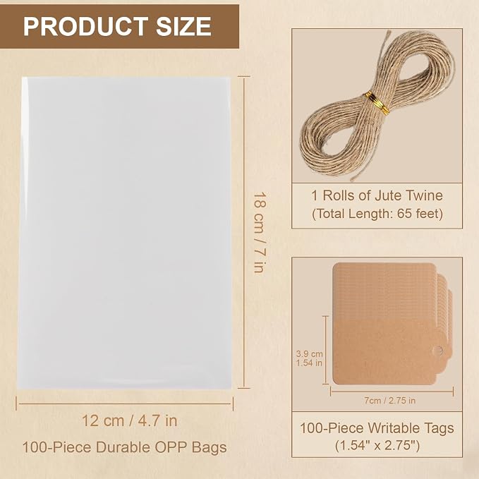 100 Pcs 4.7x7" Plastic Cellophane Bags & 65ft Jute Twine & 100 Pcs Writable Blank Kraft Paper Tags, Clear Goodie Treat Wrappers for Wrapping Homemade Soap Craft Gift Small Cookies Candy Snack Party Bakery Favors Wedding Christmas (Brown Tags)
