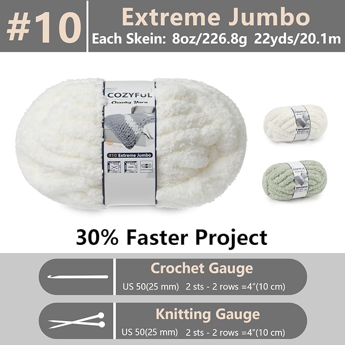 Cozyful Chunky Yarn for Hand Knitting - #10 Chunky Chenille Yarn, Jumbo Big Thick Chunky Yarns for Crocheting, Super Bulky Chunky Knit Blanket Yarns, 8 Skein (22yd, 8oz/Skein), Cream & Sage