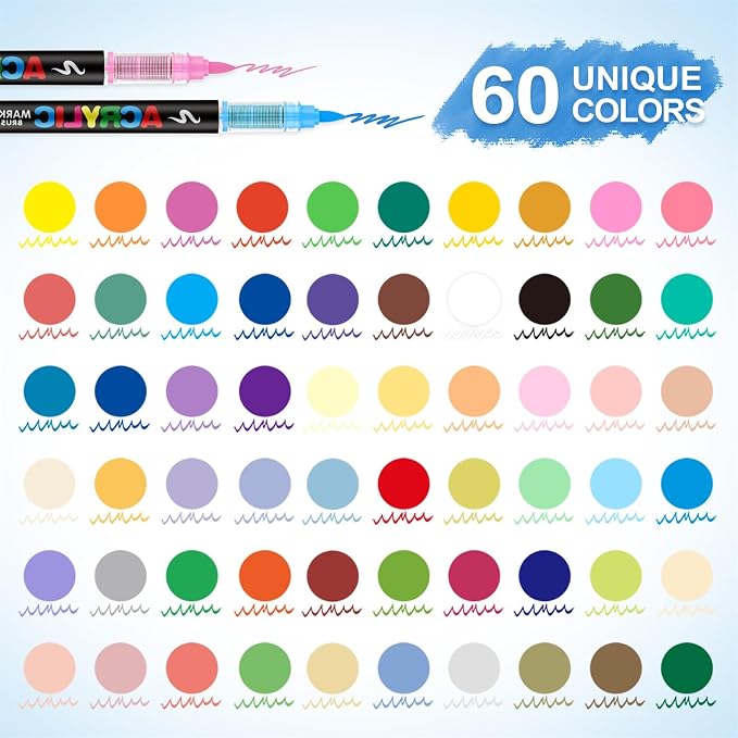 Guangna Acrylic Paint Markers Brush Tip, 60 Vivid Colors with Direct-Liquid Ink Control System, Professional-Grade Paint Pen for Rock Painting, Canvas, Glass, Plastic, Fabric & Creative Crafts