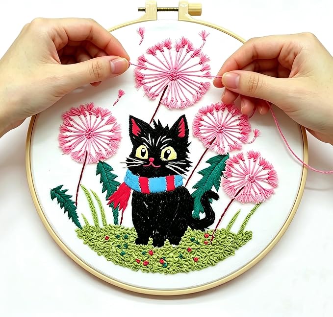 CHIYOSING Embroidery Kit for Beginners Adults, 4 Cat Pattern to Learn Over 30 Different Stitches,Includes Step-By-Step Instructions,Sharp Scissors and 2 Exquisite Hairpins and Multiple Accessories.