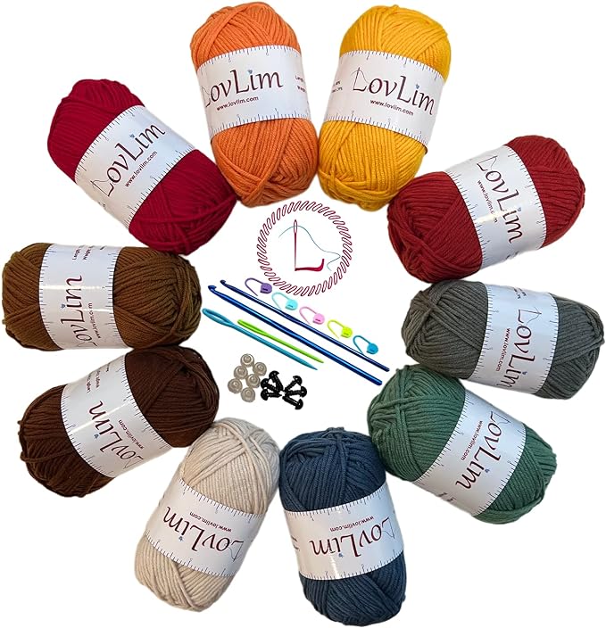 Milk-Cotton Crochet Yarn Kit, 10x50g Skeins DK Weight, 1250+ Yards, Hooks, Needles & Safety Eyes, 40+ Free Patterns, for Amigurumi, Crocheting & Knitting - Autumn Palette