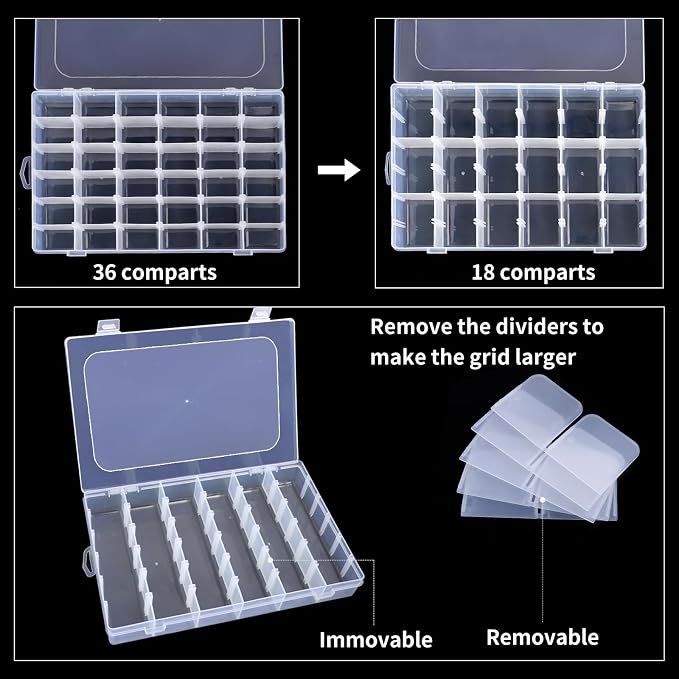 Bead Organizer Storage 36 Grid Jewelry Tackle Craft Box Adjustable Dividers | Clear Plastic, Adjustable Dividers, for Beads Nails Jewelry Crafts Fishing Tackle and Small-Item Organization