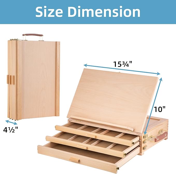 Portable Beechwood Table Easel with 3 Storage Drawers | Desktop Sketch Box Art Easel, Adjustable Tabletop Painting Stand for Teens and Adults