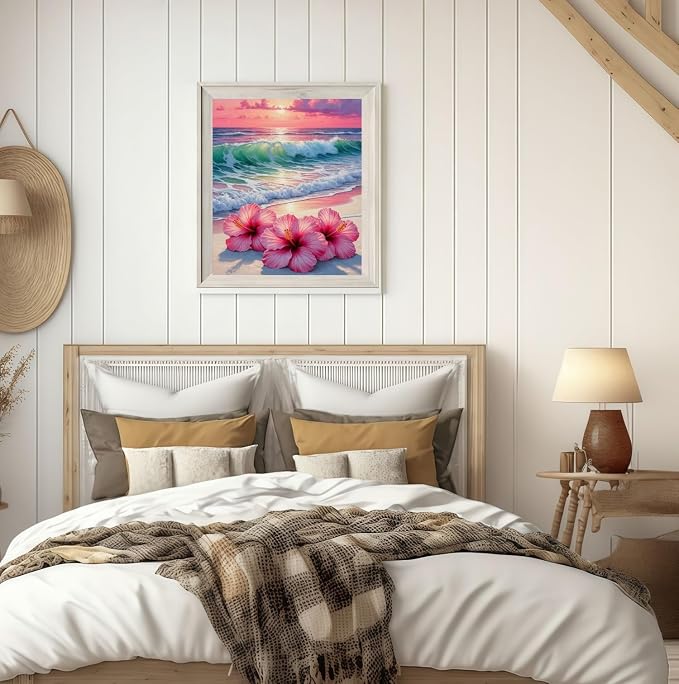 BYGFHLYW 5D Diamond Art Kits for Adults, Beach Flower Diamond Painting Kits | Full Drill Round Paint by Diamonds Dot Gem Art for Home Wall Decor 12x16inch