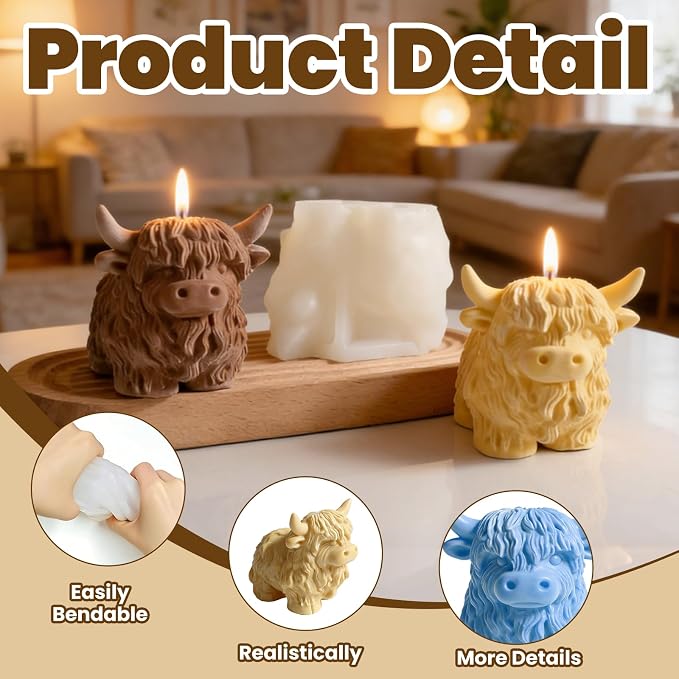 Cow-Shaped Silicone Molds for 3D Candle Making, Unique Animal Mold, Silicone Food Grade Moulds for Crafts Cake Jelly Gummy Wax Soap Ice Mould for Home Decor