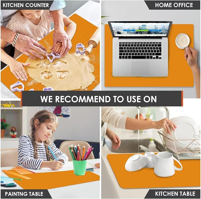 Extra Large Silicone Mats for Kitchen Counter, 27.6'' x 15.7'' Silicone Placemats for Kids, Nonstick Silicone Mat for Baking Crafts, Nonskid Heat Resistant Mat Orange Kids Placemats for Table,1Pcs