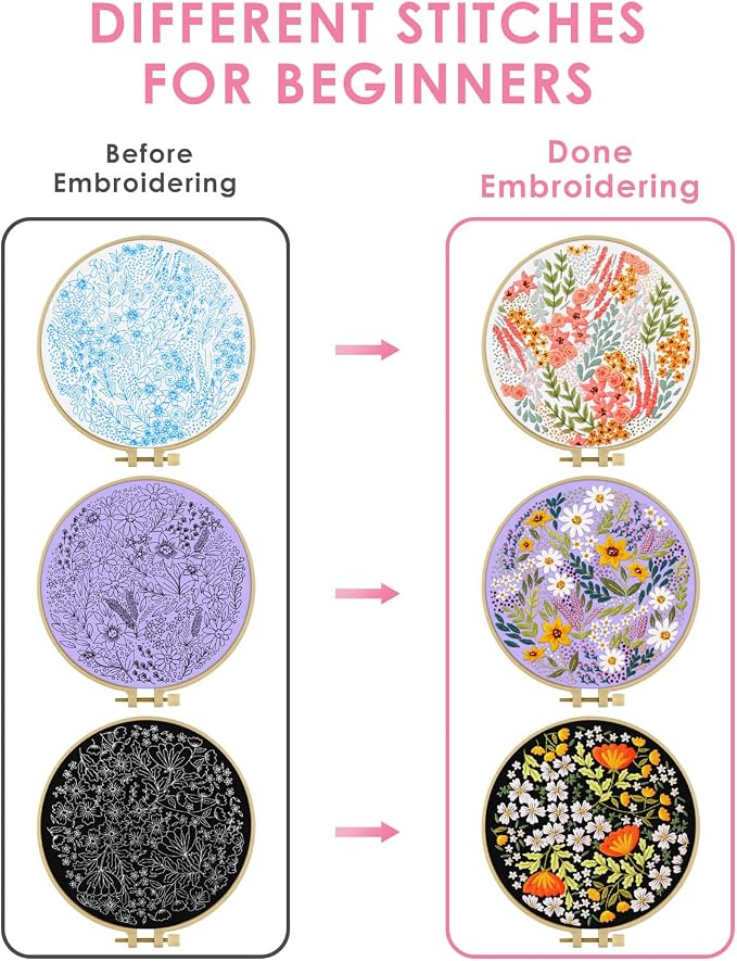 TINDTOP Embroidery Kit for Adult, 3 Pack Embroidery DIY Starter Kit, with Stamped Patterns, Hoop, Tools, Colorful Threads with Needles, Instructions (Bouquet) | with Stamped Patterns, Hoop, Tools, Colorful Threads with Needles, Instructions (Bouquet)