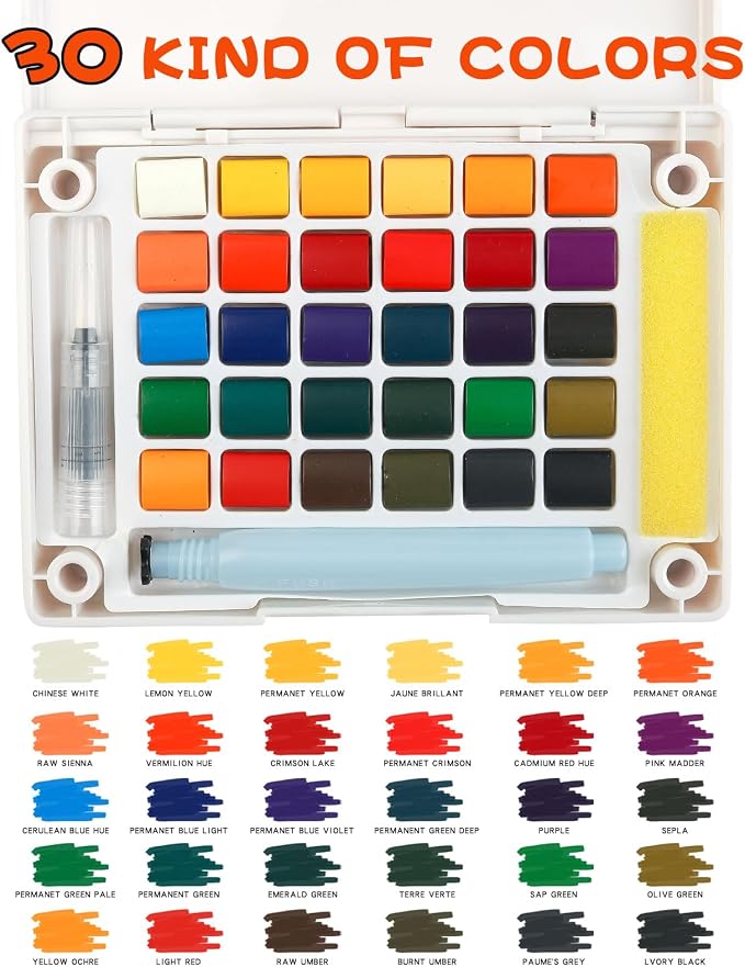 Portable Watercolor Paint Set - 30 Colors Travel Watercolor Kit with Water Brush, 24 Sheets Watercolor Paper, Online Tutorial - Compact Graspable Watercolor Painting Set for Beginners, Artists, Hobbyists, Outdoor Painting