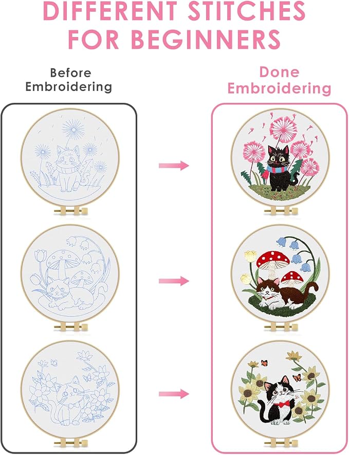 TINDTOP Embroidery Kit for Adults, Cat Embroidery Practice Kit | for Beginners Include Embroidery Cloth Hoops Threads for Craft Lover Hand Stitch with Embroidery Skill Techniques