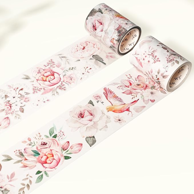 WT Pre-Cut Pink Velvet Wide Washi Tape, Single Roll, Original Designs, Elegant Floral Aesthetic, Decorative Japanese Paper Tape for Journaling, Scrapbook, Planner, DIY Crafts, Bujo Supplies, 60mm×5m