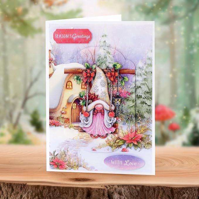 Katy Sue Cosy Christmas Gnomes Card Making Kit, Makes 8 Handmade Holiday Cards, Die Cut Toppers, Backgrounds & Foam Pads Included