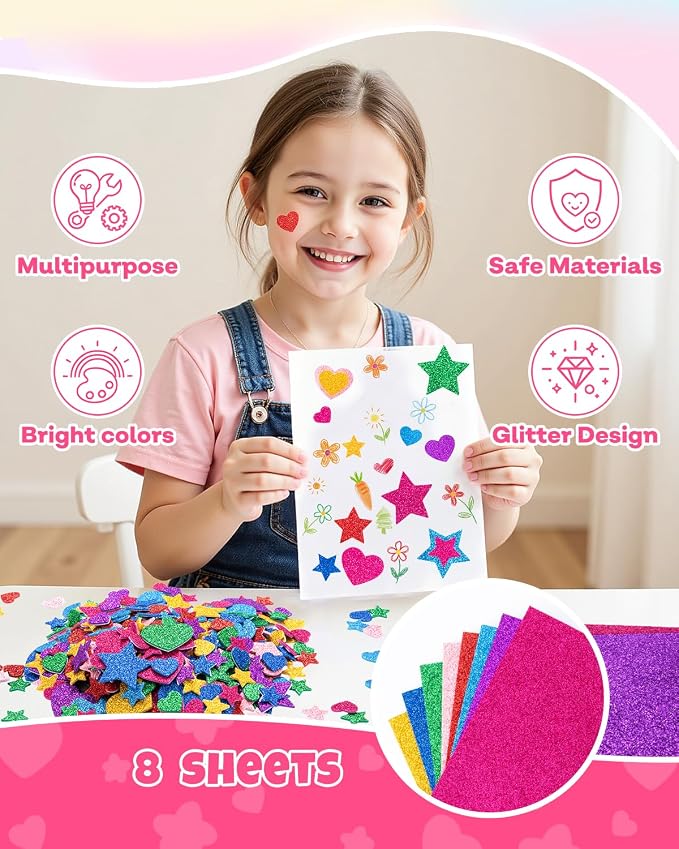 1024PCS Glitter Foam Stickers for Kids - Self-Adhesive Heart & Star Shapes, Sparkle Craft Stickers for DIY Greeting Cards, Scrapbooking, Home Decor, Envelopes & Children's Art Projects