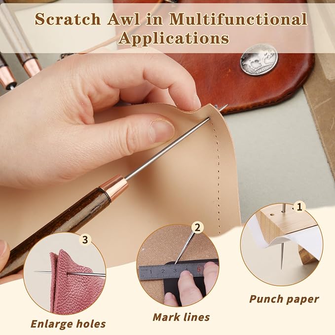 ZXIIXZ 6 Pcs Scratch Awls with Wooden Handle Leather Stitching Sewing Awl