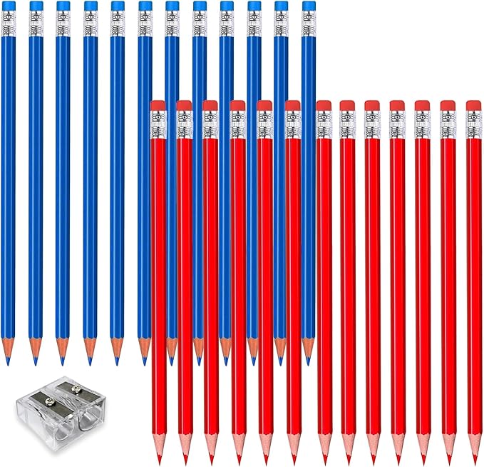 Adhere 25pcs Checking Pencils Erasable colored Pencils Pre-Sharpened #2 HB,for Checking Tests Grading,Map Coloring, editing Office Favors,including a Free sharpener. (Red 13pcs + Blue 12pcs)