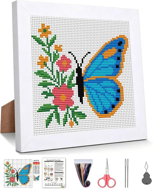 Butterfly Stamped Cross Stitch Kits for Beginners Adults with Framed | Flower Needlepoint Counted Cross Stitch Kits for Beginners Adults with Framed Embroidery Kits Arts and Crafts 6 x 6 inch