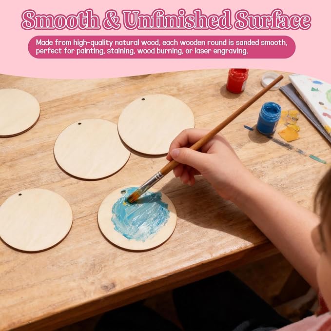 FSWCCK 50 PCS 3 Inch Wood Circles for Crafts – Round Blank Discs with Holes, Unfinished Wooden Cutouts for DIY, Painting, Staining, Coasters,Laser Engraving Sign Blanks, Ornament (3inch-50 Pack)